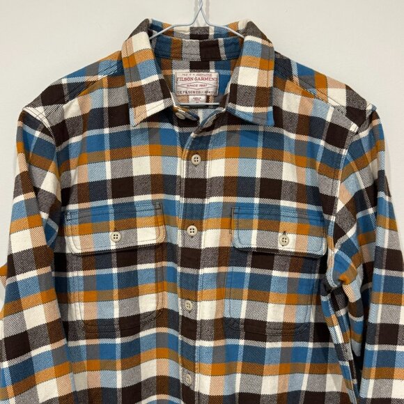Filson Mens Vintage Flannel Work Shirt Brown Cream Ochre Blue Plaid Size M NWOT - Picture 3 of 10